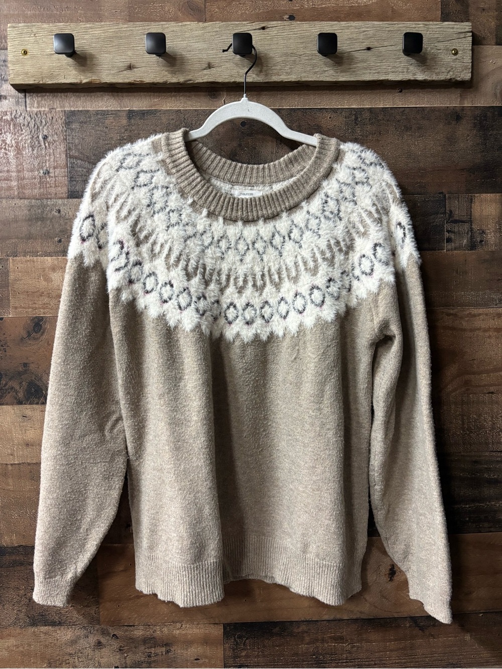 Maurices Cream and Taupe Fair Isle Crewneck Sweater